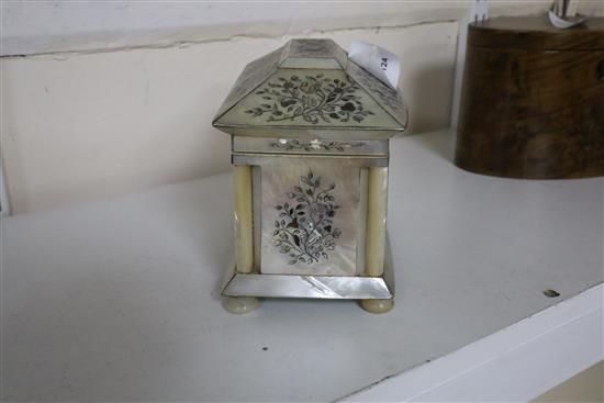 A Regency engraved and inlaid mother of pearl sarcophagus tea caddy, 6.5in.